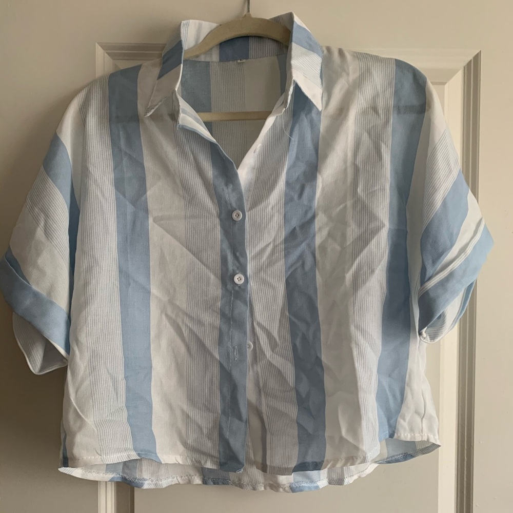Cropped stripe button-up with cuff sleeves